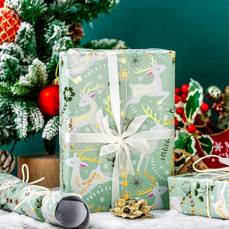 Retrify Light Green Wrapping Paper Roll - Metallic Gold Foil Lovely Happy Reindeer Mini Roll Gift Wrap Paper for Christmas Holiday Festive Decoration - 17 Inches x 32.8 Feet - Image 5